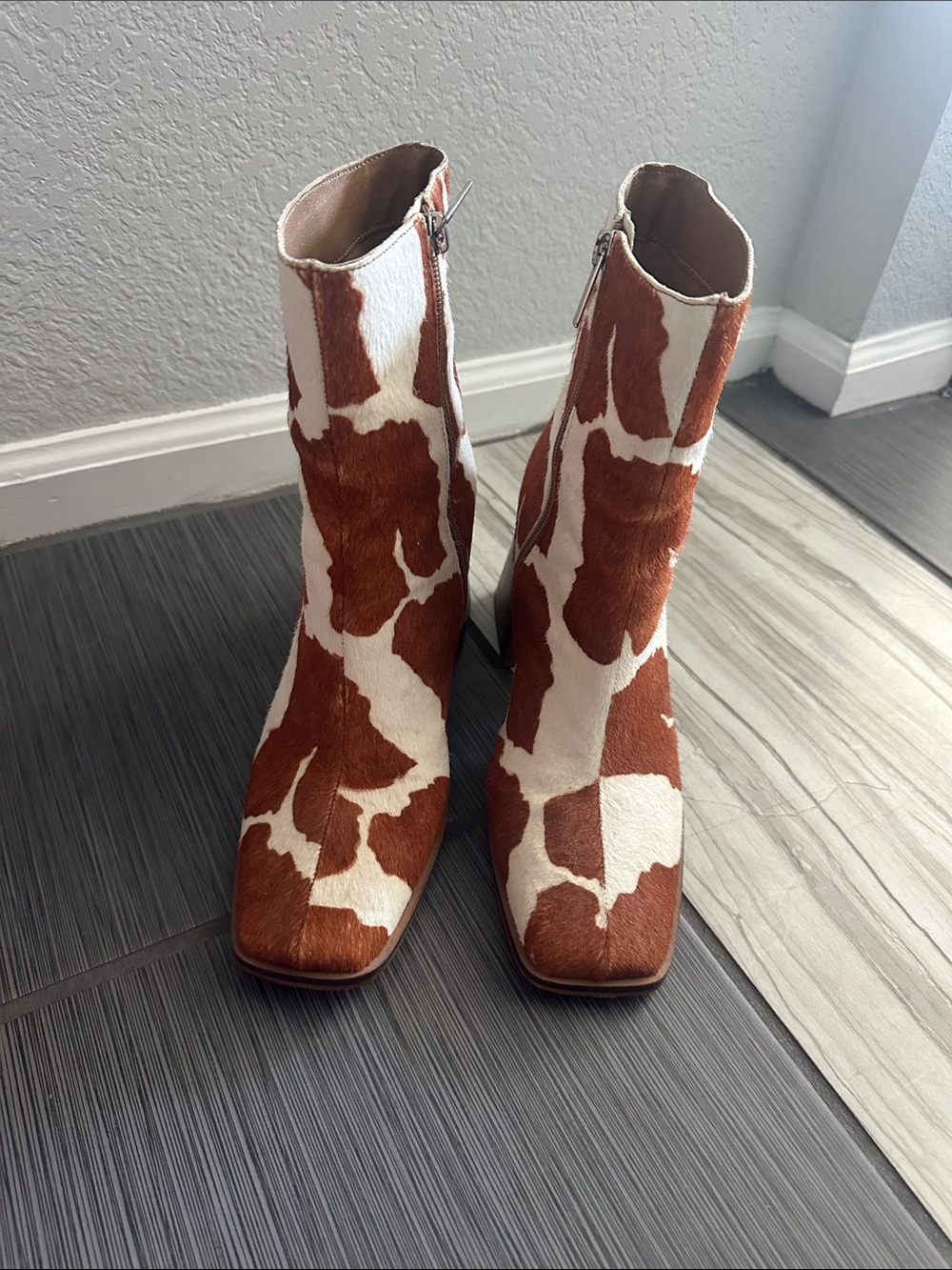 Womens Brown and White cow-Print Ankle Boots